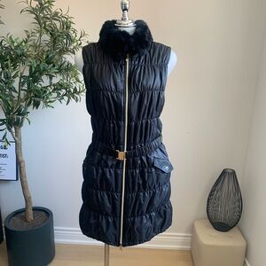 Korean Long Black Belted Faux Fur Puffer Vest
